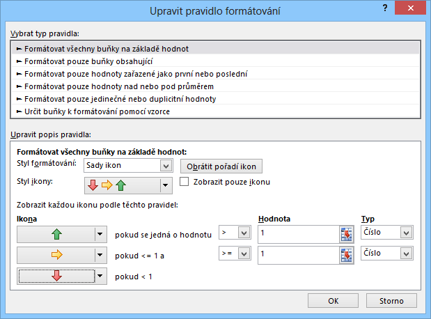 9 Excel 145 OBR. 9-11: DIALOGOVÉ OKNO SPRÁVCE PRAVIDEL PODMÍNĚNÉHO FORMÁTOVÁNÍ Upravíme hranice intervalů pro jednotlivé ikony (viz obr.