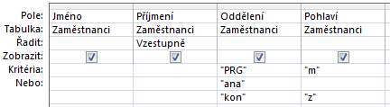 10 Access 185 mají stejný význam. Při vyhodnocování kritérií Access nerozlišuje malá a velká písmena, je tedy lhostejné, zda zadáme kritérium ANA nebo ana. OBR.