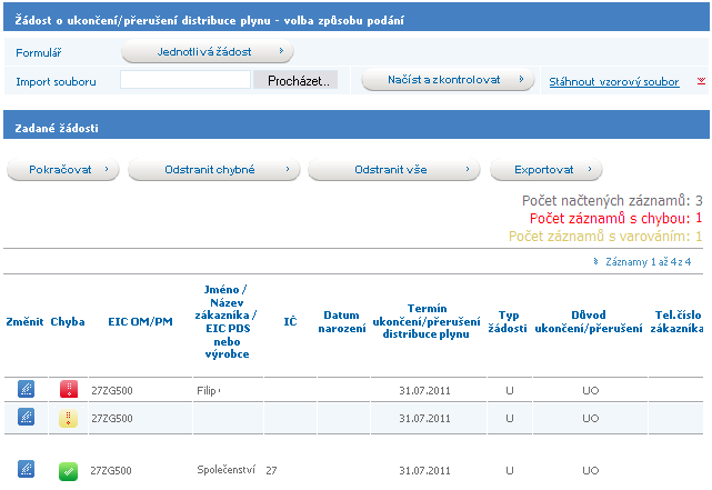 Importovaný soubor je třeba opravit dle chybového hlášení a znovu provést nahrání opraveného souboru pomocí volby.