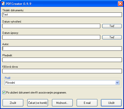 Druhým způsobem je tisk přímo v aplikaci PDFCreator. Po otevření aplikace je třeba vybrat dokument určený pro převod do PDF.
