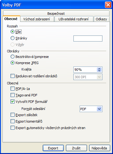 V záložce Obecné lze vybrat rozsah tisku (celý dokument nebo jen určitou část), kompresi a rozlišení obrázků. V OpenOffice.
