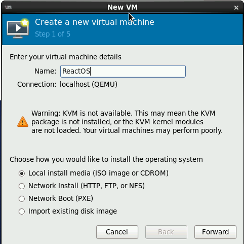 V dalším okně NewVM zadáte název virtuálního OS Windows a vyberete umístění instalačního CD Vyberete instalační médium systému ReactOS nebo