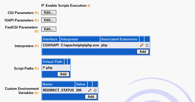 Zde kliknete na ikonu Scripting Parameters V sekci Interpreters kliknete na Add a vyberete na disku C:\ soubor c:\apache\php\php.