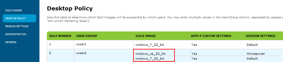 Session settings a desktop policies Uživatelova data