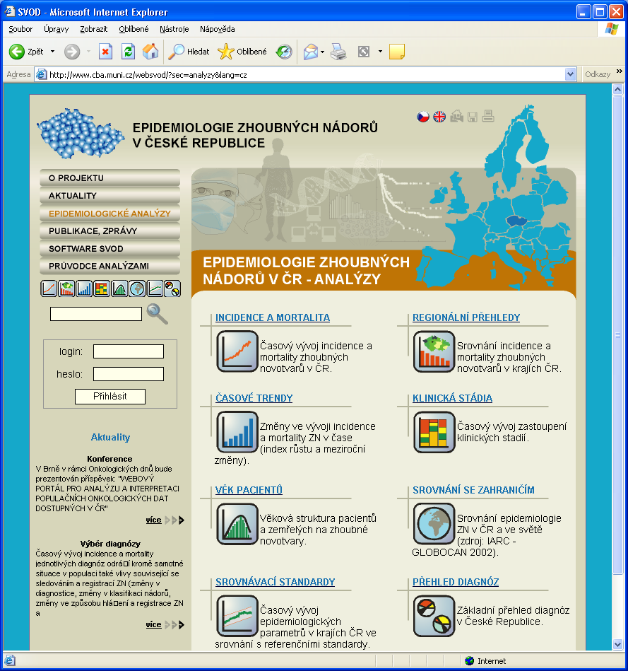 Populační epidemiologická data Projekt SVOD Aktuality Epidemiologické analýzy Publikace, zprávy Software SVOD Průvodce analýzami http://www.svod.