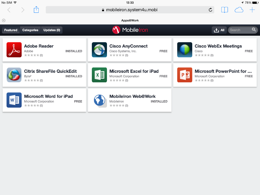 7. Firemní AppStore Firemní AppStore slouží k publikaci veřejných i firemních aplikací. Je dostupný pomocí ikony Apps@Work na ploše zařízení. Po otevření se zobrazí firemní nabídka aplikací.