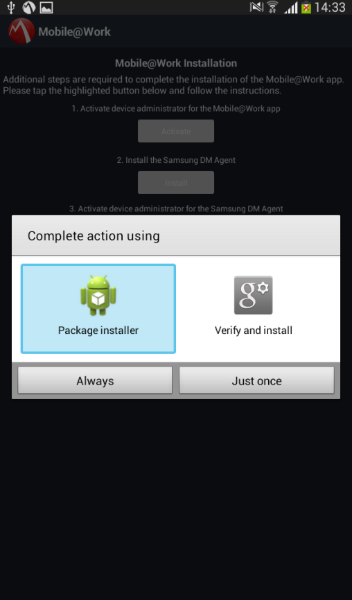 U zařízení Samsung Vás průvodce vyzve k instalaci Samsung DM Agenta, který Vám umožní rozšířené možnosti administrace zařízení.