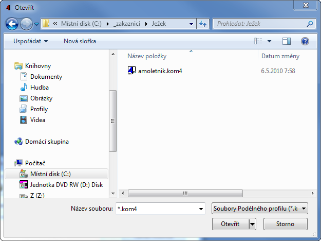 Kapitola 3 Načtení profilu Po stisknutí tlačítka se zobrazí běžné dialogové okno pro výběr souboru typu *.kom4.