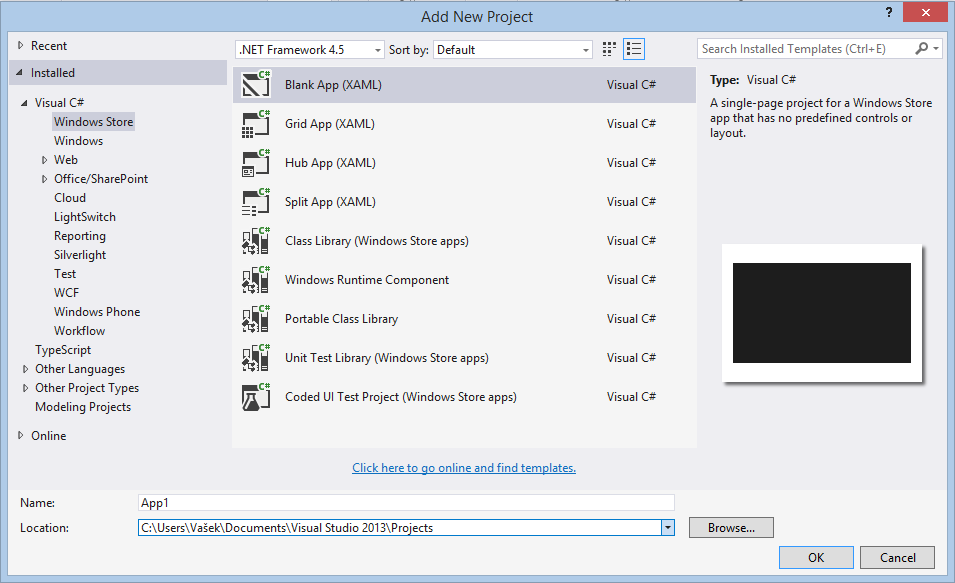 Obrázek 7.4 Šablony aplikací ve Visual Studiu ve skupině Windows Store 7.