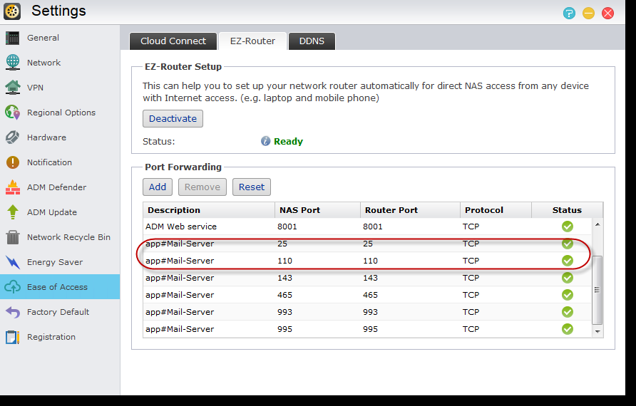 2.4 Nastavení přesměrování portů pro mailový server Zvolte [Settings] [Ease of Access] [EZ-Router] [Port Forwarding]