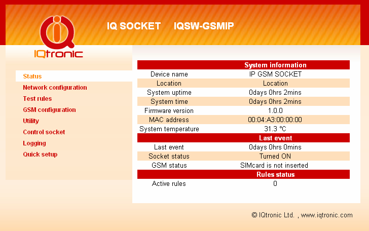 2.1. Informace o stavu zařízení Objeví se informační stránka GSMIP SOCKETu. System information systémové informace zařízení. Device name - název zařízení pro snadné vyhledání v síti.