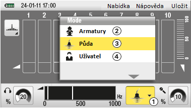 Aktuální nastavení citlivosti je zobrazeno na stupnici od 0 do 100%. Otáčením pravého ovládacího knoflíku nebo dotykem lze měnit citlivost.