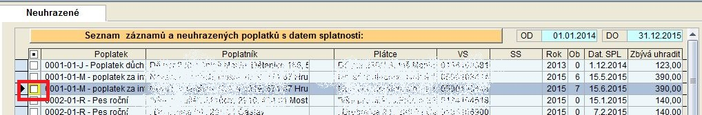 38 KEO-W Poplatky nastaveným účetním obdobím. Jsou zde i záznamy, které mají chyby nebo je potřeba u nich provést kontrolu, ať splátek nebo datumu UUP/UZP nebo datumu splatnosti.