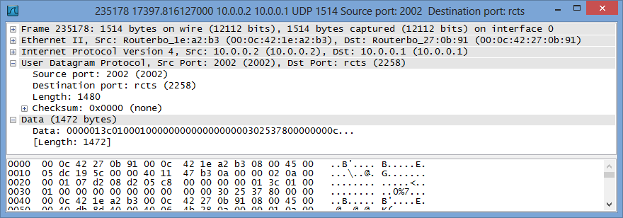 Obrázek 14: Nastavení "Bandwidth test" pro UDP provoz Vlastní testování se provádí přes hlavní okno Bandwidth test dostupné z Tools -> Bandwidth test.