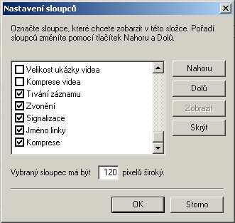 Soft Data) Objeví se menu, zvolit Další... Zobrazí se dialogové okno Nastavení sloupců, ve výběru se objeví nové názvy sloupců seznamu (Trvání záznamu, Zvonění, Signalizace, Jméno linky, Komprese,...). Poznámka: Tyto nové názvy sloupců se objeví pouze v adresáři určeném pro záznam dat (viz kapitola 5).