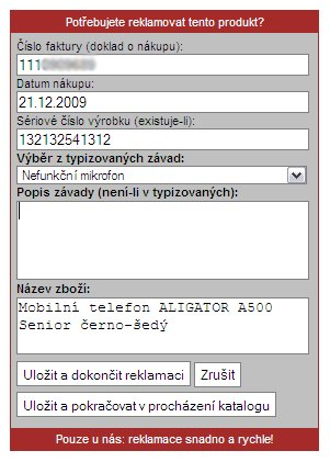 klikněte na fakturu, která obsahuje Vámi reklamované zboží a pokračujte ve vyplňování formuláře, pokud má zboží sériové číslo (např.