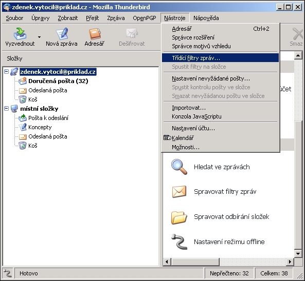 82 / 44 7.7.1 Filtrování pošty v klientovi Mozilla Thunderbird Pro zvolený účet lze zobrazit a nastavit filtrovací pravidla dvěma způsoby. Bud skrze položku nabídky Nástroje/Třídící filtry zpráv.