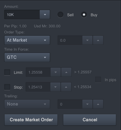 Výběr směru - Sell (Prodej), Buy (Nákup) Nastavení objemu Hodnota pipu Potřebné zajištění Potvrzení vložení tržního pokynu Po kliknutí na tlačítko směnného kurzu daného instrumentu, který lze vybrat