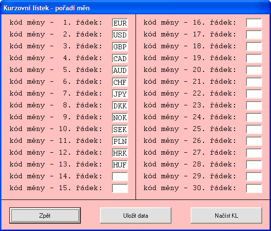 Datum nastavuje se obdobně jako u textů, nastavení platí pro oba způsoby umístění (nad KL i v hlavičce KL). Hlavička toto nastavení se vztahuje na první řádek, tj. na nadpisy v tabulce s kurzy.