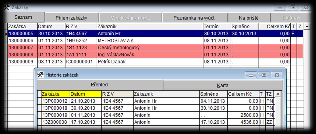 Historie zakázek (ikona ) - do zobrazení historie zakázek byla přidána možnost změny zobrazení podle data pořízení, nebo čísla zakázky.