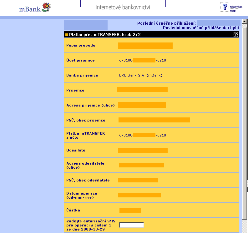 4.4 Autrizace platby SMS Při vlbě Pkračvat se zbrazí stránka, kde je nutné platbu ptvrdit unikátním SMS kódem zaslaným na mbilní telefn registrvaný v mbank.