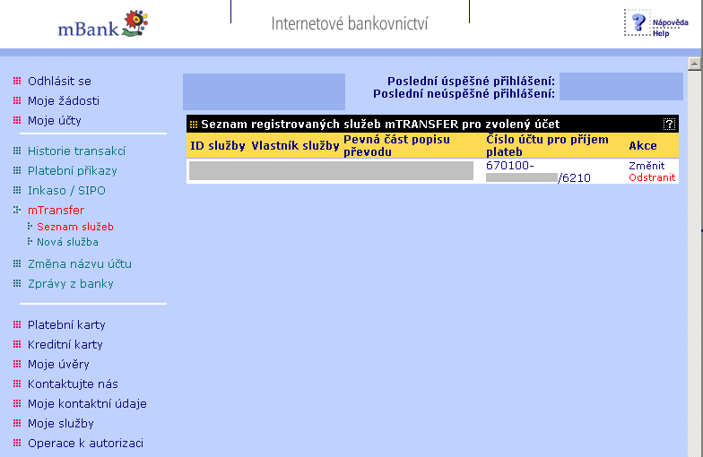 V psledním krku je známen výsledek zalžení služby. Zřízení služby mtransfer, krk 3/3: P zaregistrvání se služba zbrazí seznamu služeb mtransfer pr daný účet. Seznam služeb mtransfer: 5 mbank S.A.