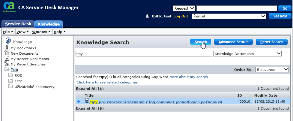 5. Práce se znalostní databází Znalostní databáze slouží řešitelům jako nástroj, umožňující vyhledávat vhodná řešení pro zadané požadavky, incidenty a problémy.