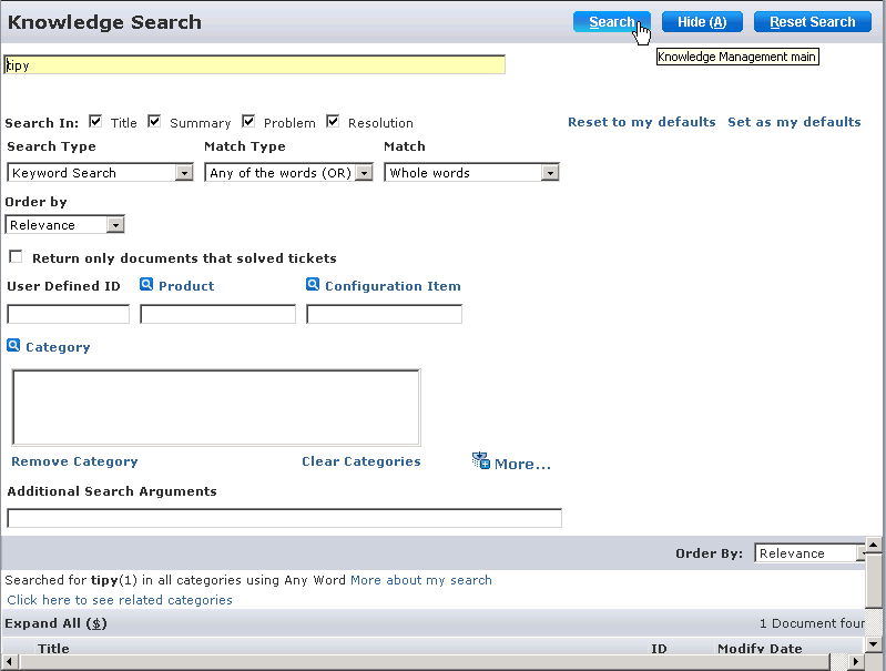 5.1.2 Vyhledávání v kontextu konkrétního tiketu 1) Ve formuláři requestu klikneme na záložku Knowledge Management část Knowledge.