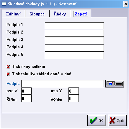 Podpis 1, Podpis 3 ho dá na střed a Podpis 5 na pravou stranu. Dále je možné nechat vytisknout daňovou rekapitulaci (tabulka daní, bez DPH, nižší sazba a vyšší sazba), stejnou jaká je na faktuře.