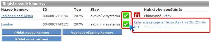 V tomto přehledu je možné registrovaná zařízení vypnout nebo zapnout stiskem tlačítek /. Vypnutí a zapnutí všech kamer lze provést kliknutím na tlačítka /.
