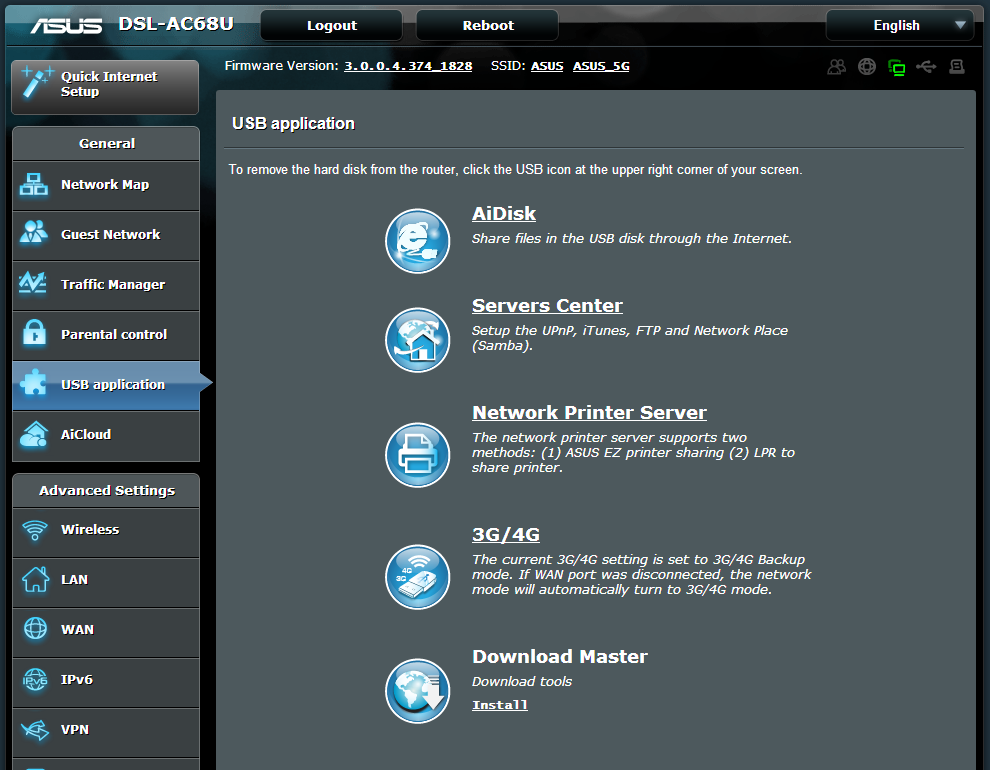 Použití aplikace USB Funkce USB Application (Aplikace USB) nabízí podnabídky AiDisk, Servers Center (Centrum serverů) a Network Printer Server (Server síťové tiskárny).