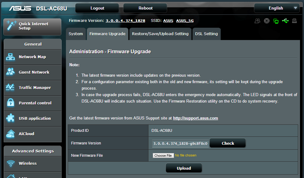 Upgradování firmwaru Stáhněte nejaktuálnější firmware z webu společnosti ASUS na adrese http://support.asus.com Pokyny pro upgradování firmwaru: 1.
