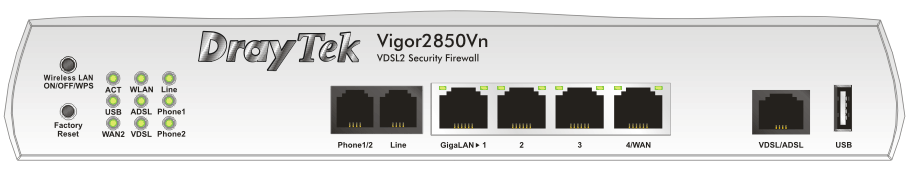 2.2 Vigor2850 / Vn / n LED Status Popis ACT (Aktivita) bliká Router je zapnut a pracuje správně nesvítí Router je vypnutý USB svítí USB zařízení je připojeno a aktivní bliká Data jsou přenášena WAN2