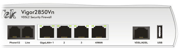 Rozhraní Wireless LAN ON/OFF/WPS (Pouze model 2850Vn,n) Factory Reset Line (Pouze model 2850Vn) Phone 1/2 (Pouze model 2850Vn) GigaLan (1-3) 4/WAN VDSL/ADSL USB PWR ON/OFF Popis 1x stiskněte tlačítko