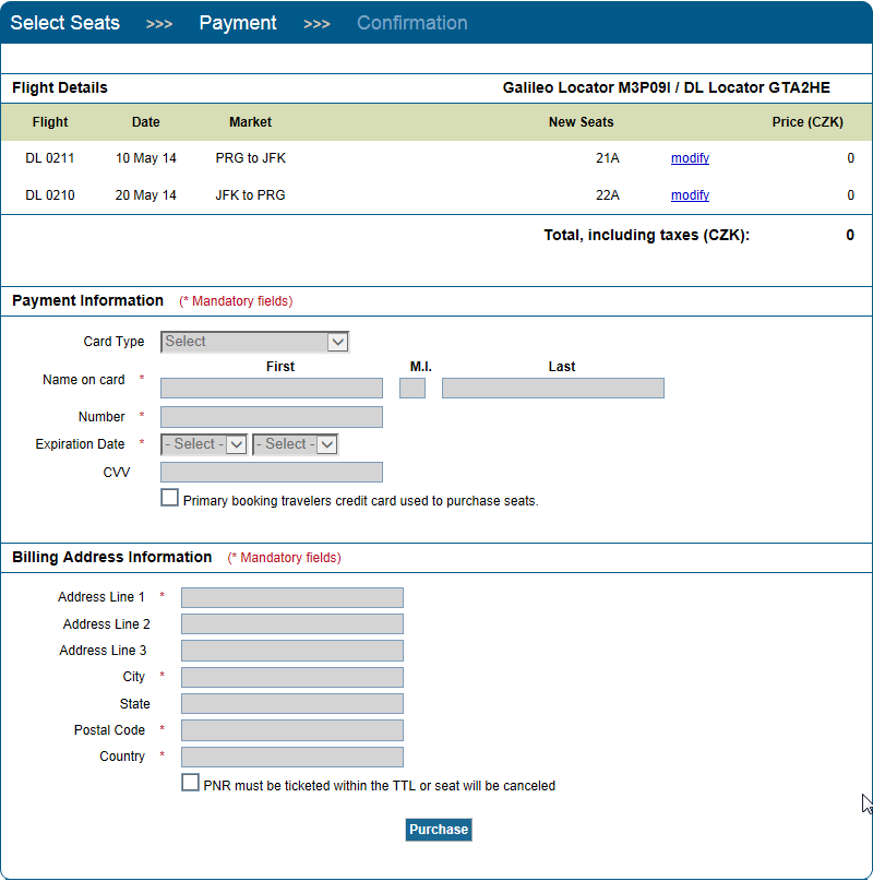 V případě, kdy vybraná sedadla nabízí dopravce zdarma, nevyplňují se údaje o kartě, ani adresa.