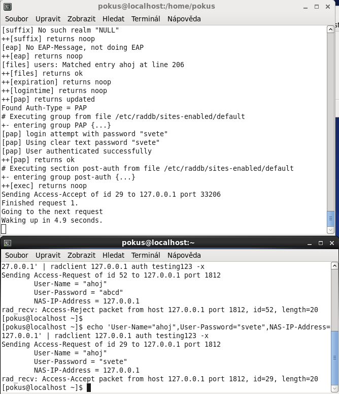 [root@localhost raddb]# echo 'User-Name="ahoj",User-Password="svete",NAS-IPAddress=127.0.0.1' radclient 127.0.0.1 auth testing123 -x Aby hostapd využíval radius, musíme ho k tomu nastavit.