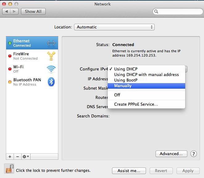 7. Klepněte na Ethernet na levém panelu a pak klepněte na rozbalovací šipku pro menu s označením Configure IPv4 (Konfigurovat IPv4) na pravém panelu. Z rozbalovacího menu vyberte Manually (Ručně).