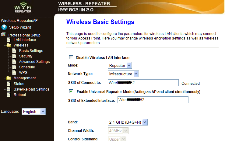 Konfigurace WiFi repeateru přes web prohlížeč Wireless konfigurace - základní Klikněte na Wireless -> Basic Settings v levé části prohlížeče: Zde by jste měli zvolit po volbě režimu minimálne název