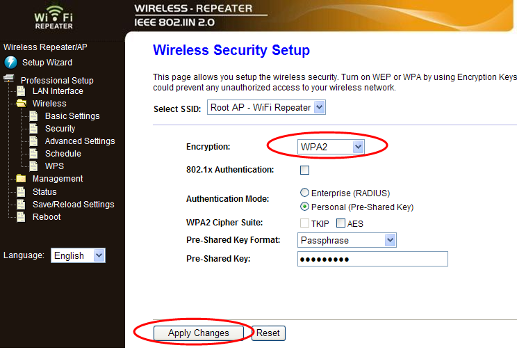 Wireless zabezpečení Klikněte na Wireless-> Security. Toto nastavení zabrání neautorizovanému přístupu a monitorování vaší WLAN. Nastavit lze pomocí 64/128-bit WEP, WPA, WPA2 šifrování.