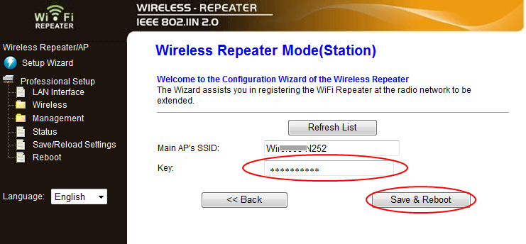 A6. Vyberte požadovanou WLAN síť s SSID a Select. A7. Poté se zobrazí následující volba zde prosím uveďte jen přístupový klíč do dané SSID, jinak neměňte jiné parametry.