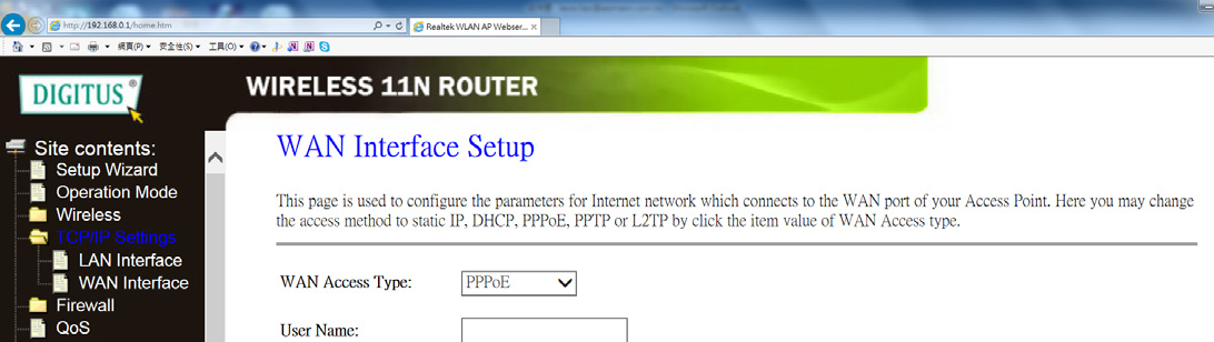 Připojení k internetu (brána) Klikněte na možnost Network WAN Settings, která se nachází ve webovém rozhraní. Následující příklad platí pro nastavení sítě WAN PPPoE.