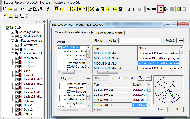 6.2.4 Výběr svítidla a osvětlovacího zdroje. Pokud dosud nemáme vytvořenou soustavu svítidel. Vytvoříme soustavu kliknutím na ikonu v panelu nástrojů.