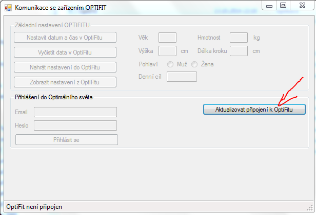 - aktualizujte připojení k OptiFitu - Nastavte datum a čas v OptiFitu klikem na toto tlačítko - zadejte svá osobní data (věk, hmotnost, výšku, délku kroku a pohlaví).