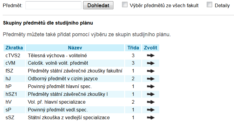 Registrace a zápisy Vlastní registrace Zadat kód předmětu nebo alespoň část názvu a