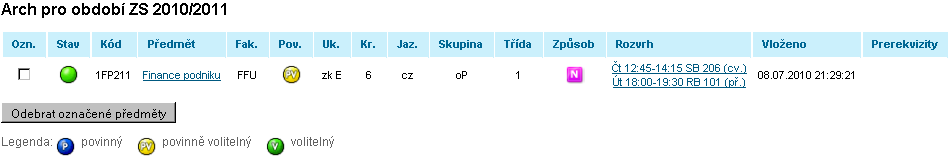 Registrace a zápisy Po přidání předmětu do zápisového archu je ještě třeba doplnit rozvrhovou akci odklepnout text Vybrat ve sloupci Rozvrh Pokud má předmět přednášky i cvičení, je nutné vybrat obojí