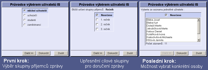 Příjemci zprávy V druhém řádku jsou uvedeny skupiny uživatelů IS kterým je zpráva určena. Pokud není vybrána žádná skupina, je v řádku zobrazen text "NEUVEDENO".