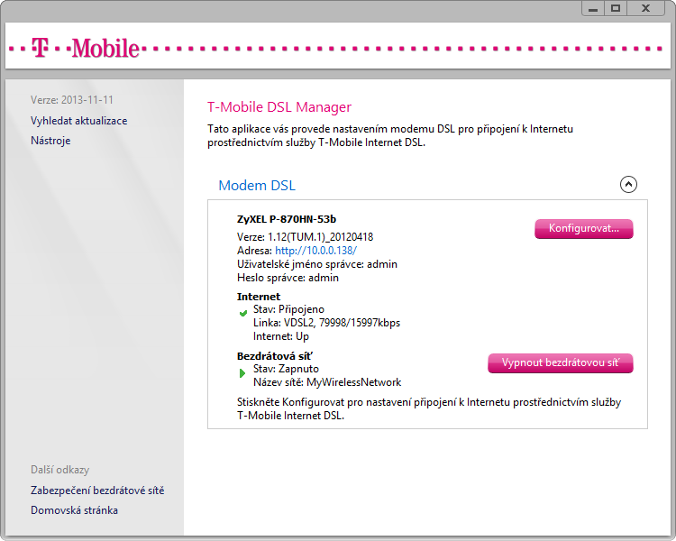 Zadejte jméno bezdrátové sítě, vyberte druh zabezpečení a zadejte bezpečnostní klíč. T-Mobile DSL Manager automaticky vybere doporučená nastavení zabezpečení a vygeneruje bezpečnostní klíč. Pozn.