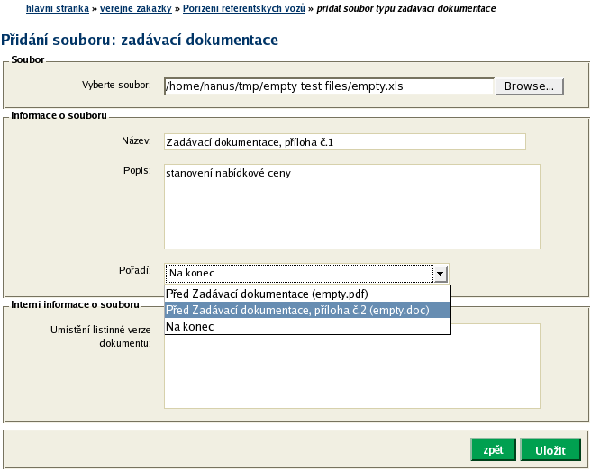 Obrázek 18: Stránka pro přidání souboru (zde se zadávací dokumentací) Opravit název nebo popis již připojených souborů lze pomocí ikonky tužky ( upravit ) u příslušného souboru.