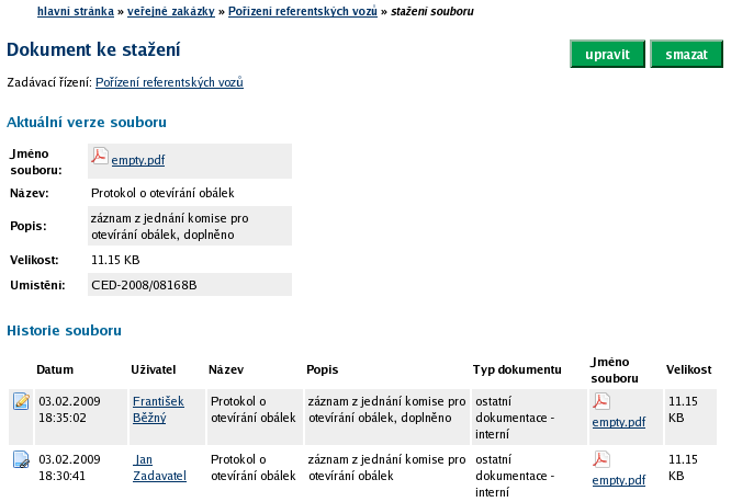 Obrázek 26: Detail dokumentu aktuální verze a historie Obdobný detail je k dispozici pro všechny typy dokumentů: zadávací resp.