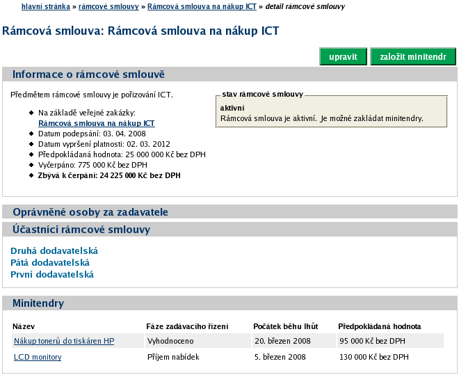 Obrázek 29: Detail rámcové smlouvy Uživatelé s oprávněním editovat rámcovou smlouvu mohou pomocí tlačítka upravit nastavovat její parametry jako jsou název, popis, datum uzavření a vypršení platnosti